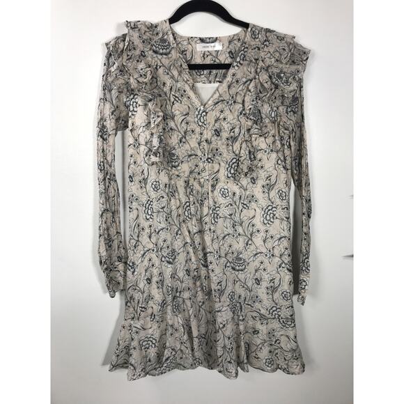 Anine Bing Floral Ruffle Cotton Long Sleeve Short Dress Capsule Neutral V Neck - Picture 1 of 13